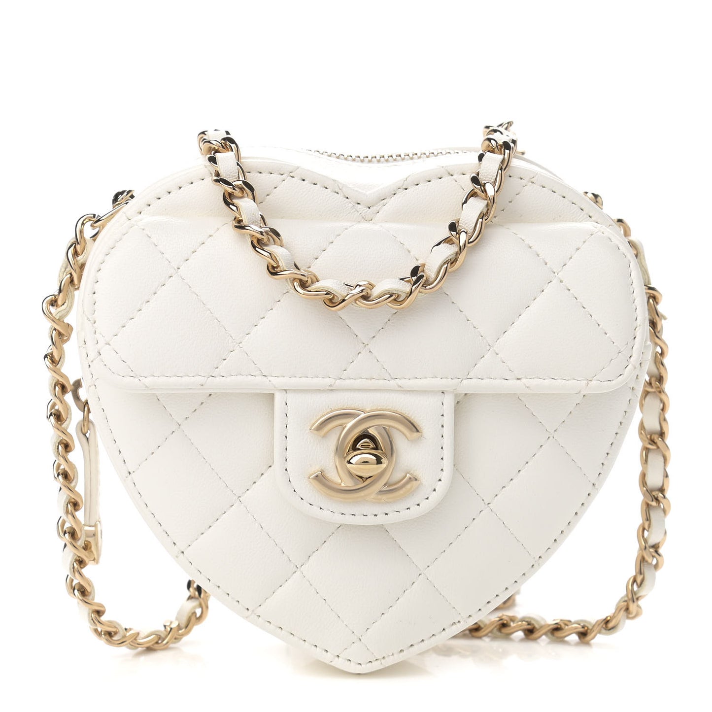 Lambskin Quilted CC In Love Heart Clutch With Chain White