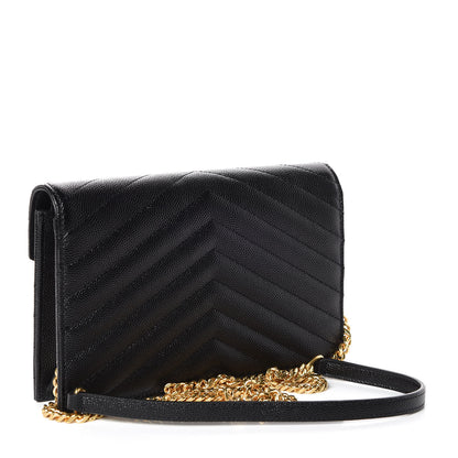 Saint Laurent Grain De Poudre Matelasse Chevron Monogram Envelope Chain Wallet Black 3 of 9