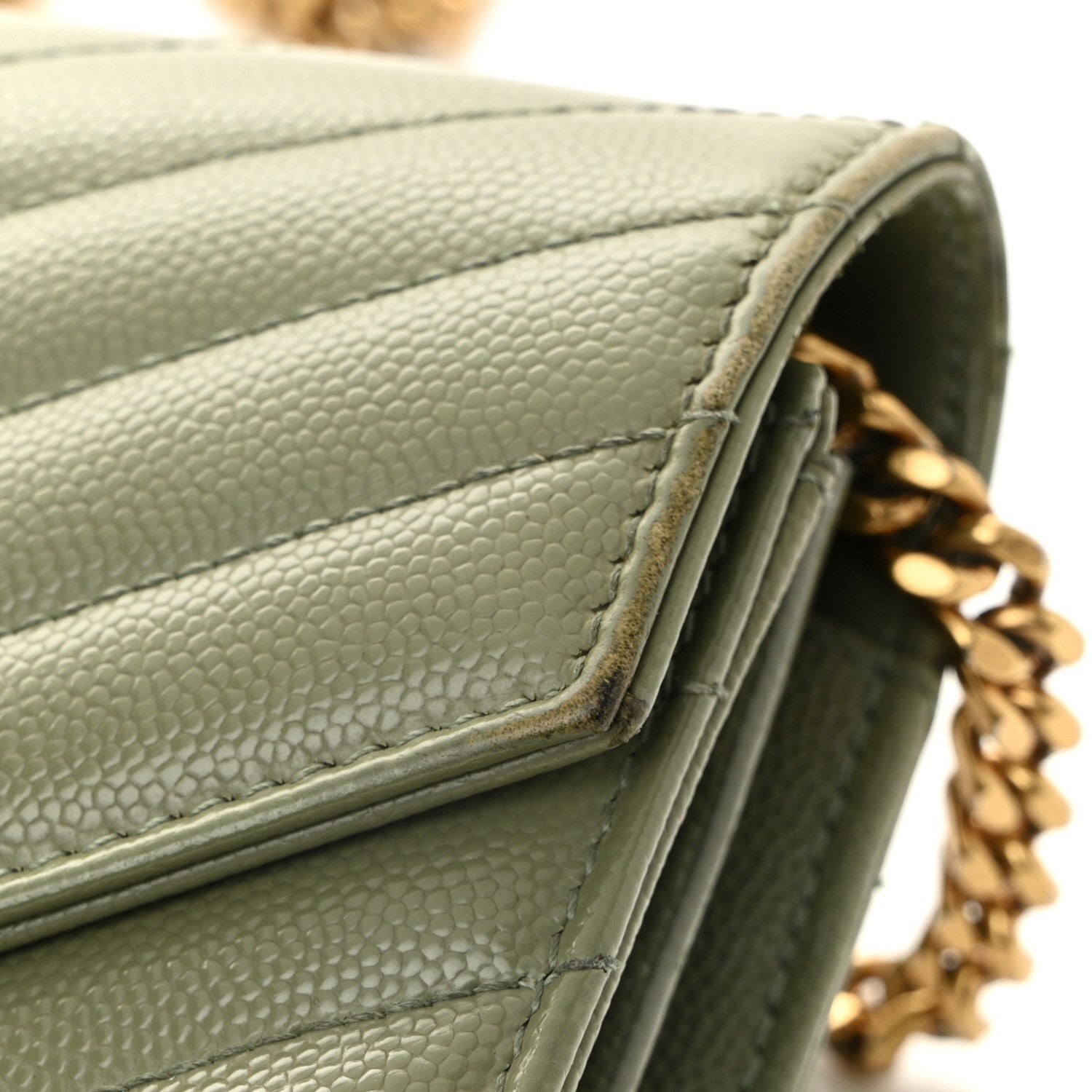Saint Laurent Grain De Poudre Matelasse Chevron Monogram Chain Wallet Pistachio 12 of 16