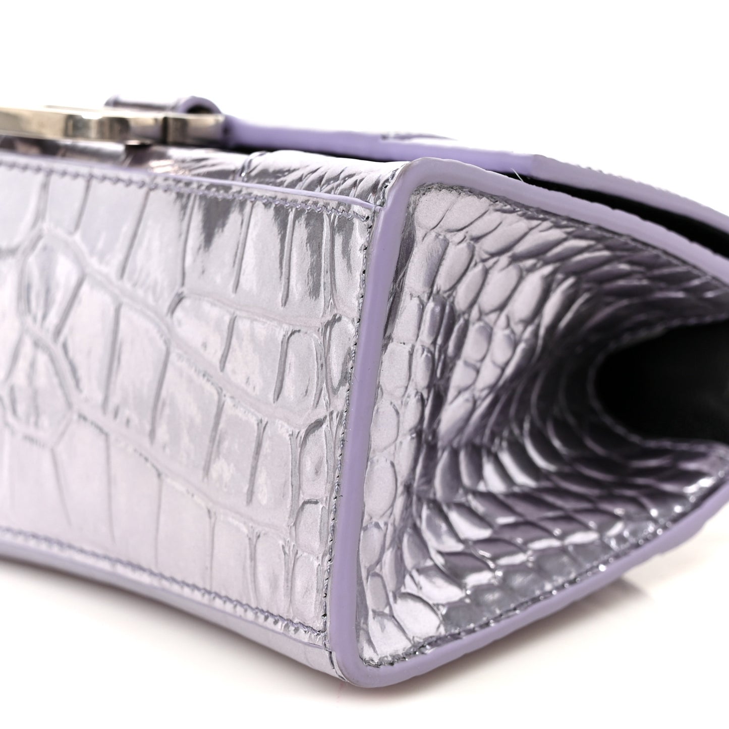 Metallic Calfskin Crocodile Embossed Hourglass Top Handle Bag XS Lilac