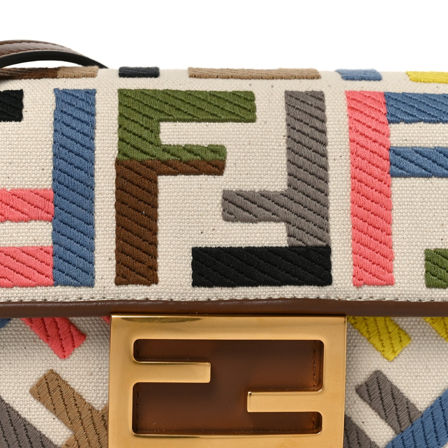 Canvas Vitello King Seta FF Embroidered Mini Baguette Grezzo Multicolor Gianduia