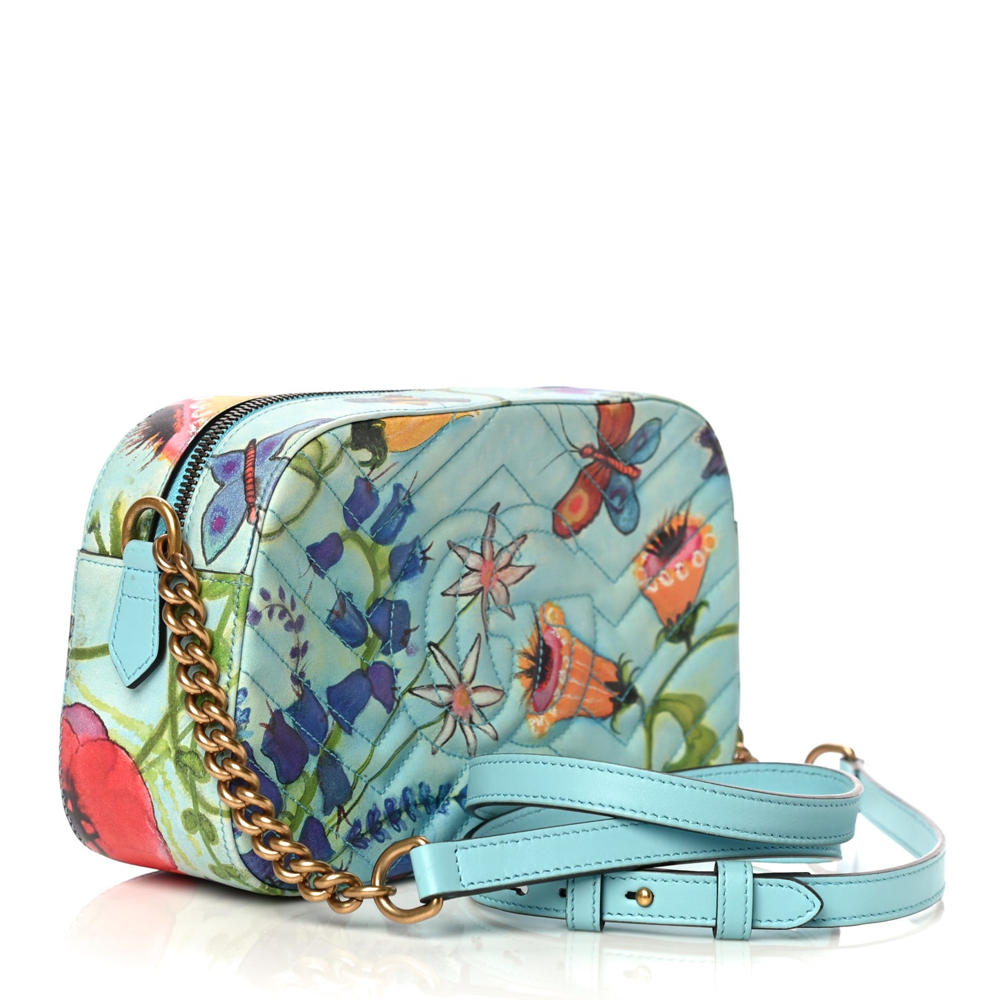 X UNSKILLED WORKER Calfskin Matelasse Flora Painted Small GG Marmont Chain Shoulder Bag Cloudy Blue Multicolor