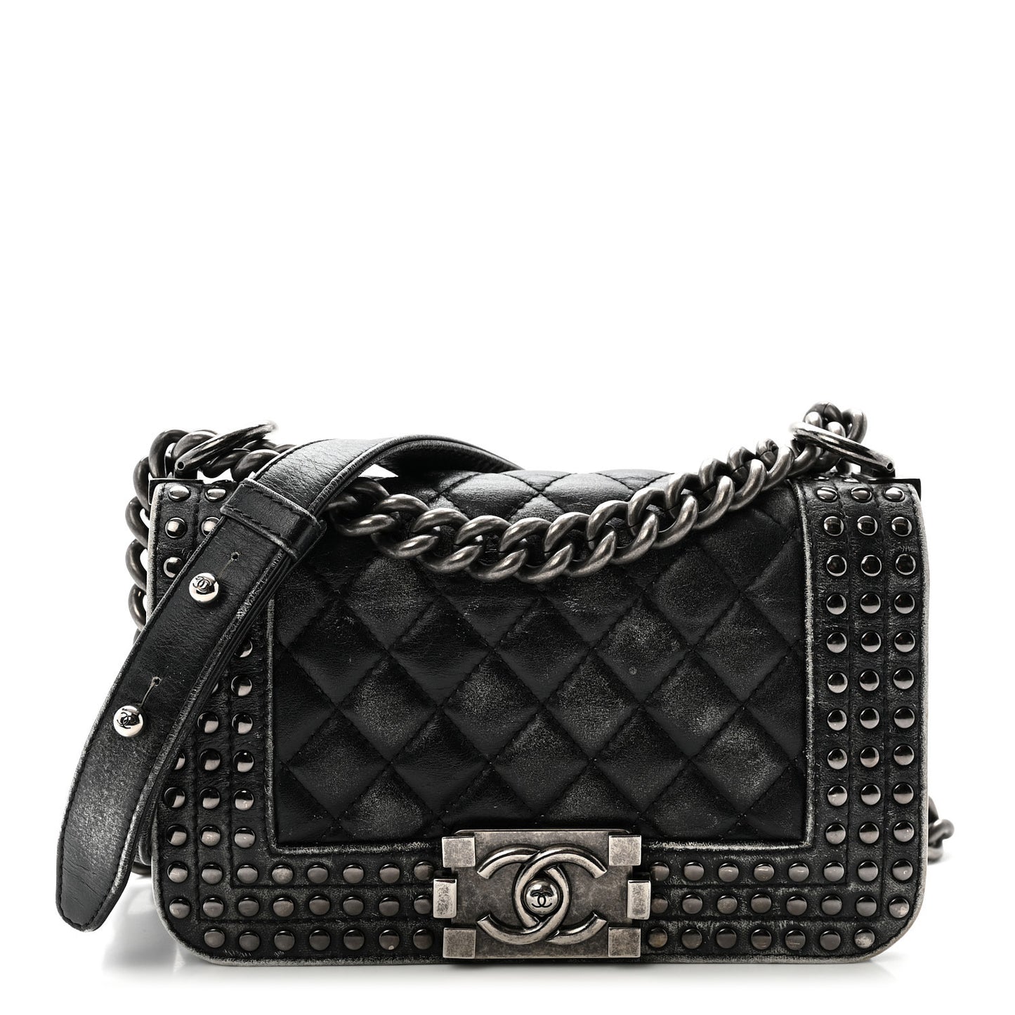 Faded Calfskin Quilted Small Studded Boy Flap Grey