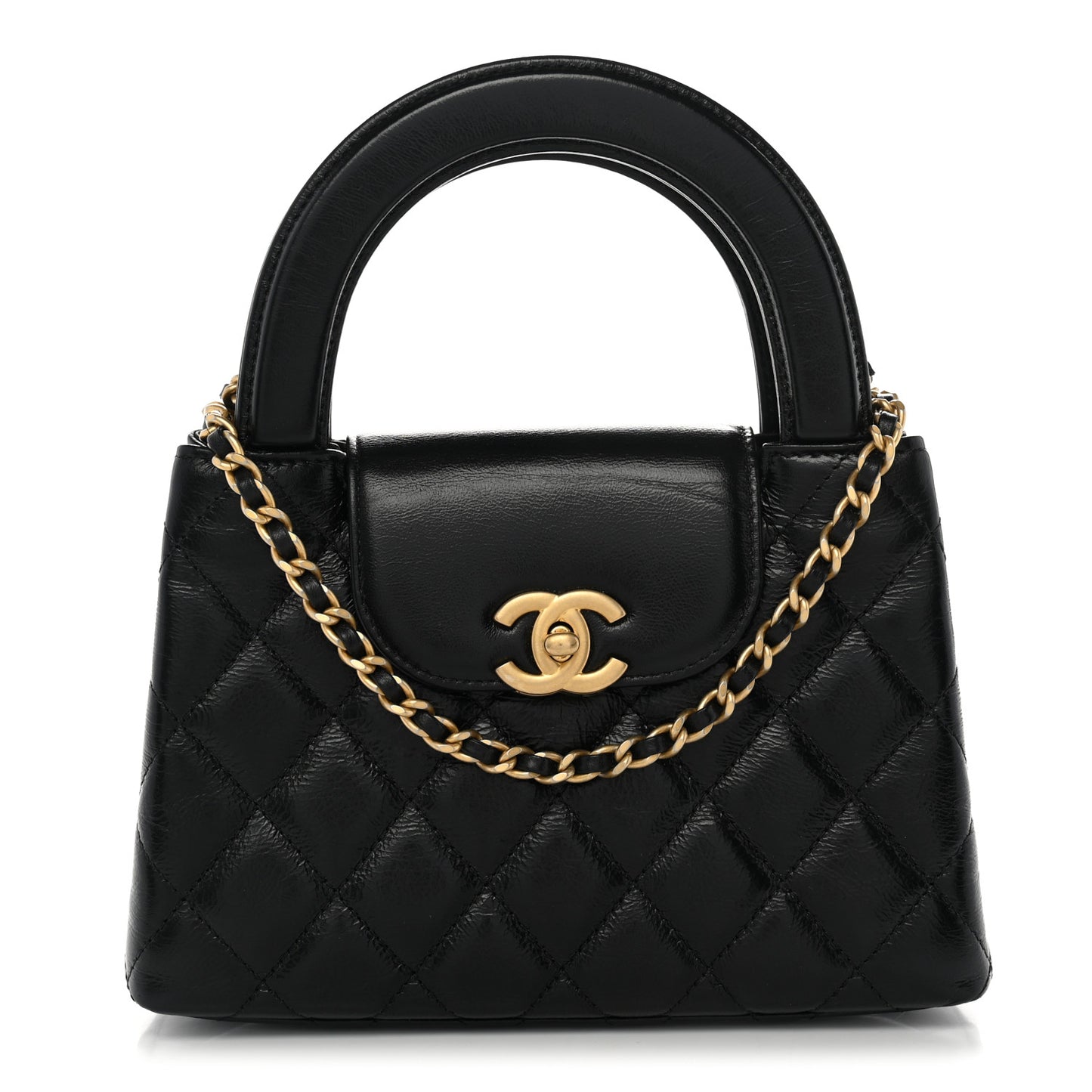 Shiny Aged Calfskin Quilted Nano Kelly Shopper Black