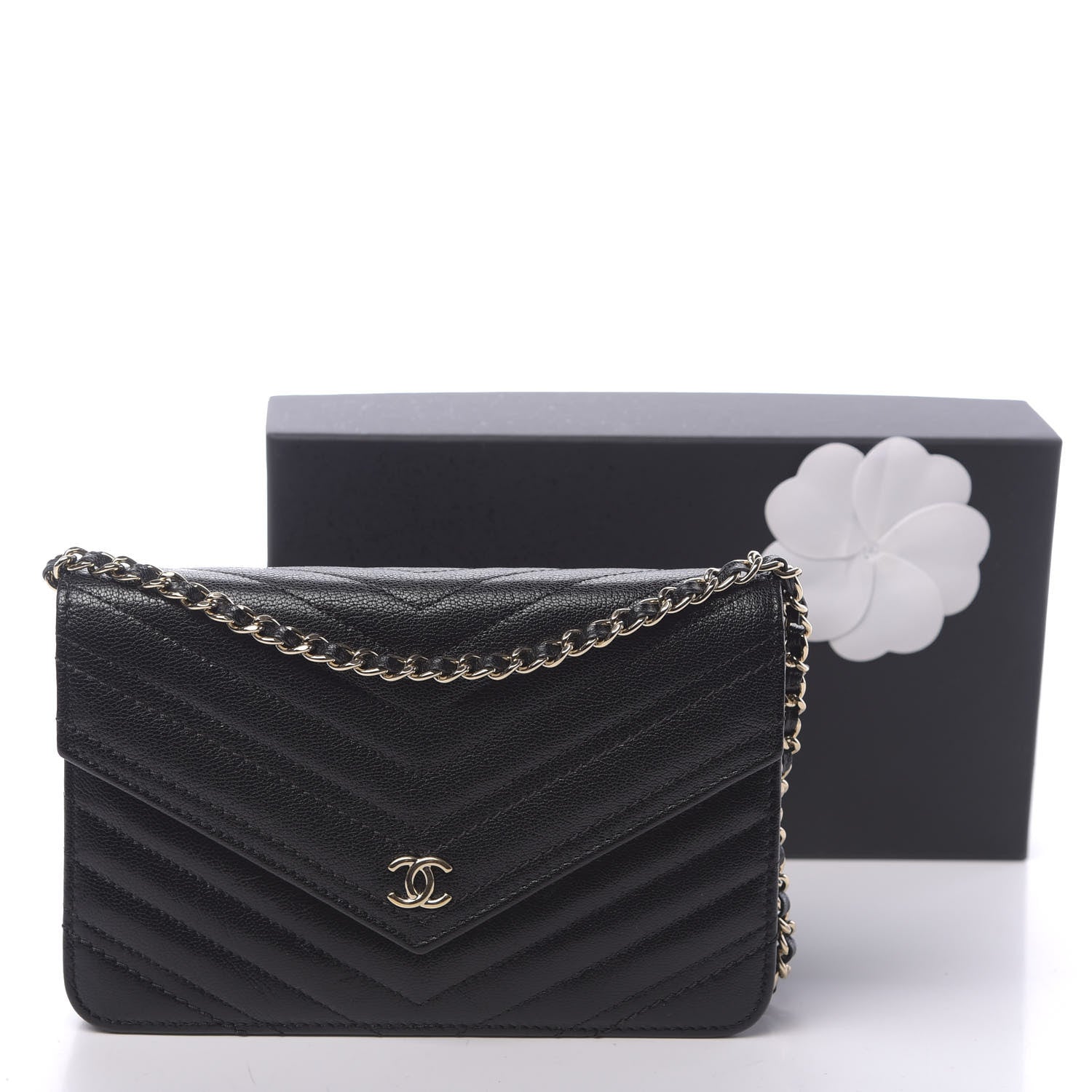 Chanel Goatskin Chevron Quilted Statement Wallet On Chain WOC Black 12 of 12
