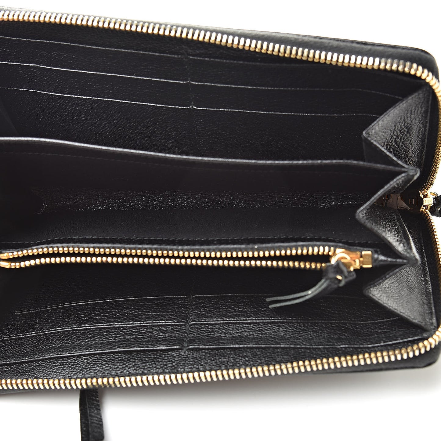 Chevre Gold Metallic Edge Hardware Zip Around Wallet Black