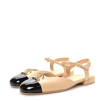 Chanel Lambskin Patent Cap Toe Crystal Enamel CC Mary Jane Slingback Flats 39 Beige Black 4 of 9