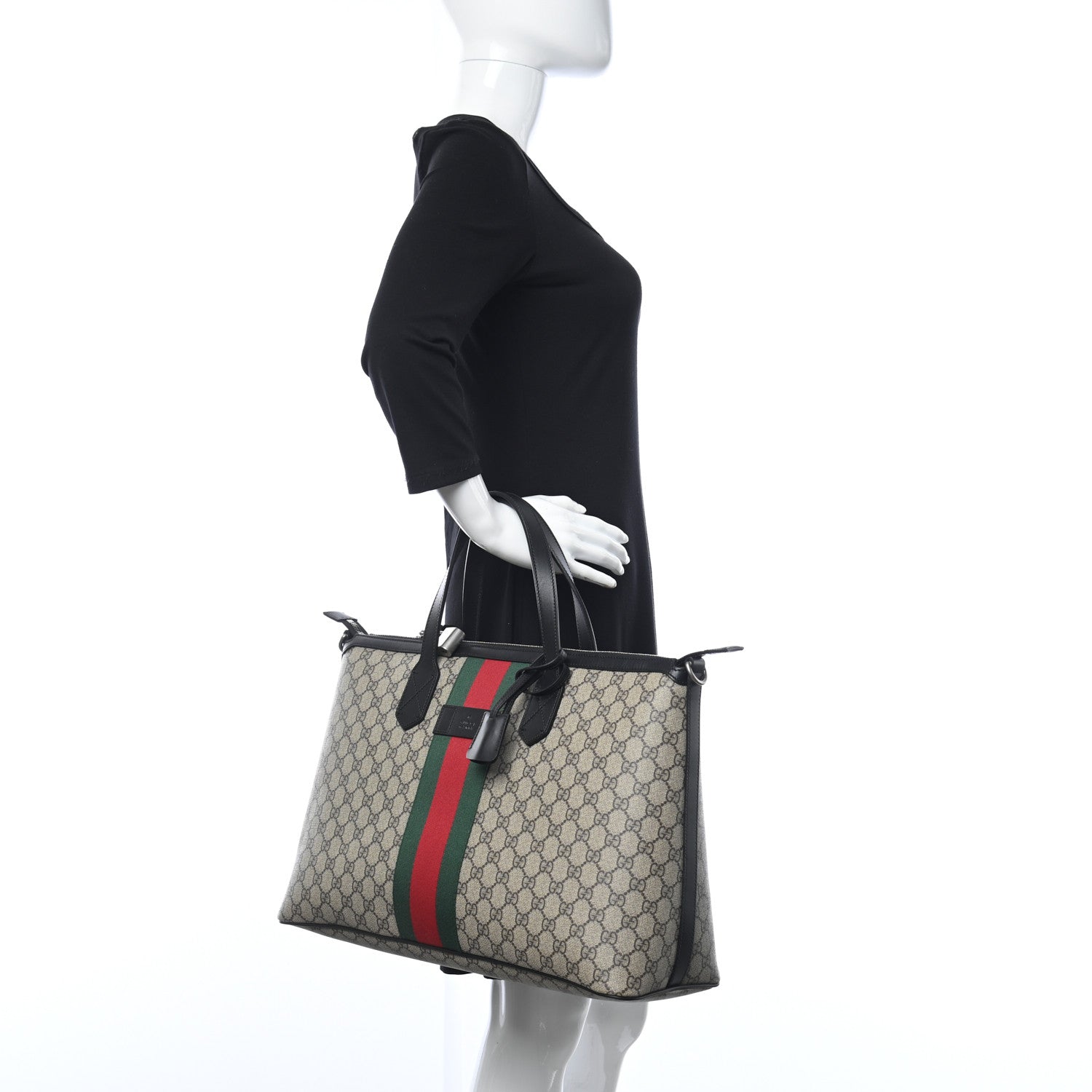 Gucci GG Supreme Monogram Web Medium Zippered Tote Beige Black 2 of 10