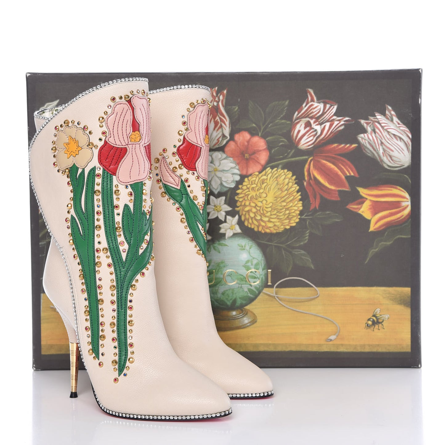 Calfskin Floral Crystal Embroidered Fosca Boots 36.5 Mystic White