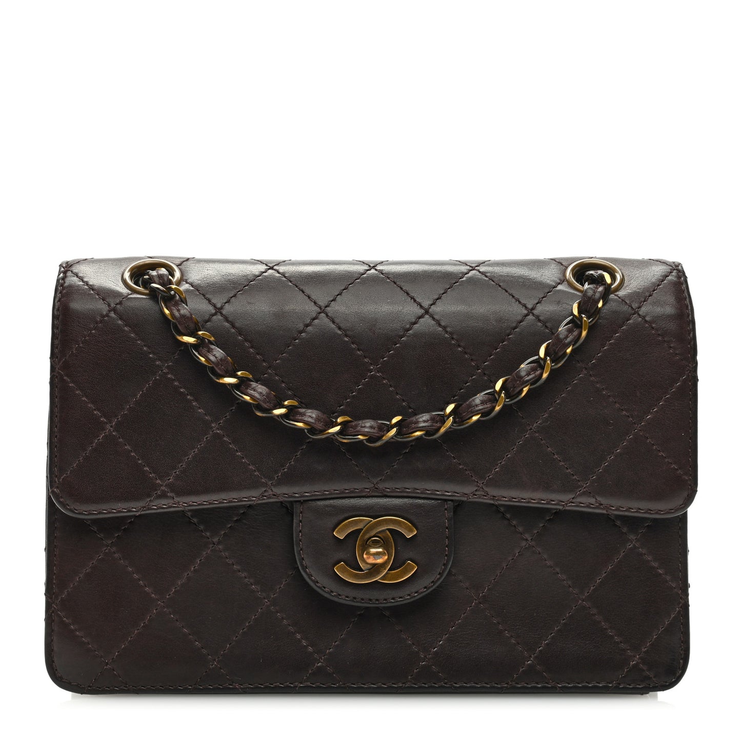 Lambskin Quilted Small Single Flap Dark Brown