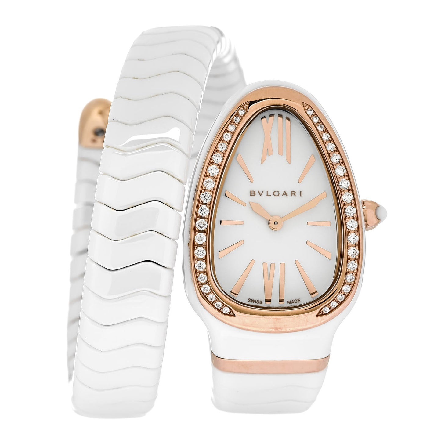 18K Rose Gold Ceramic Diamond Bezel 35mm Serpenti Tubogas Quartz Watch White