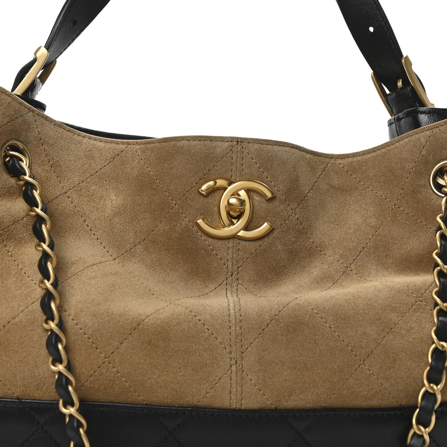 Chanel Suede Calfskin Shiny Lambskin Quilted Small Coco Base Shopping Bag Beige Black 8 of 11