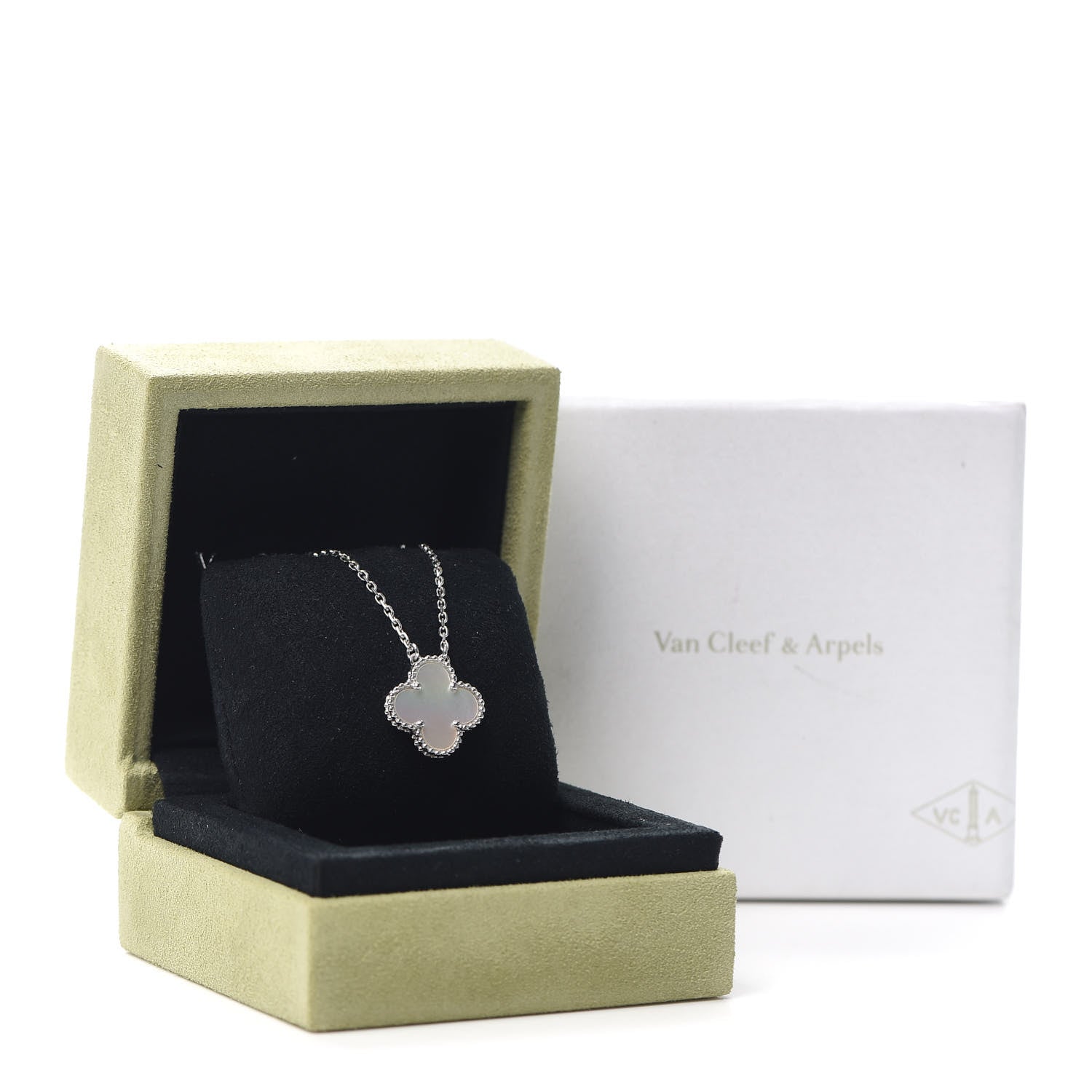 Van Cleef & Arpels 18K White Gold Mother of Pearl Vintage Alhambra Pendant Necklace 7 of 7