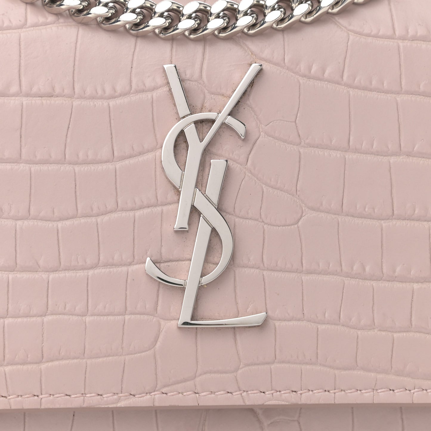 Calfskin Crocodile Embossed Monogram Sunset Chain Wallet Marble Pink