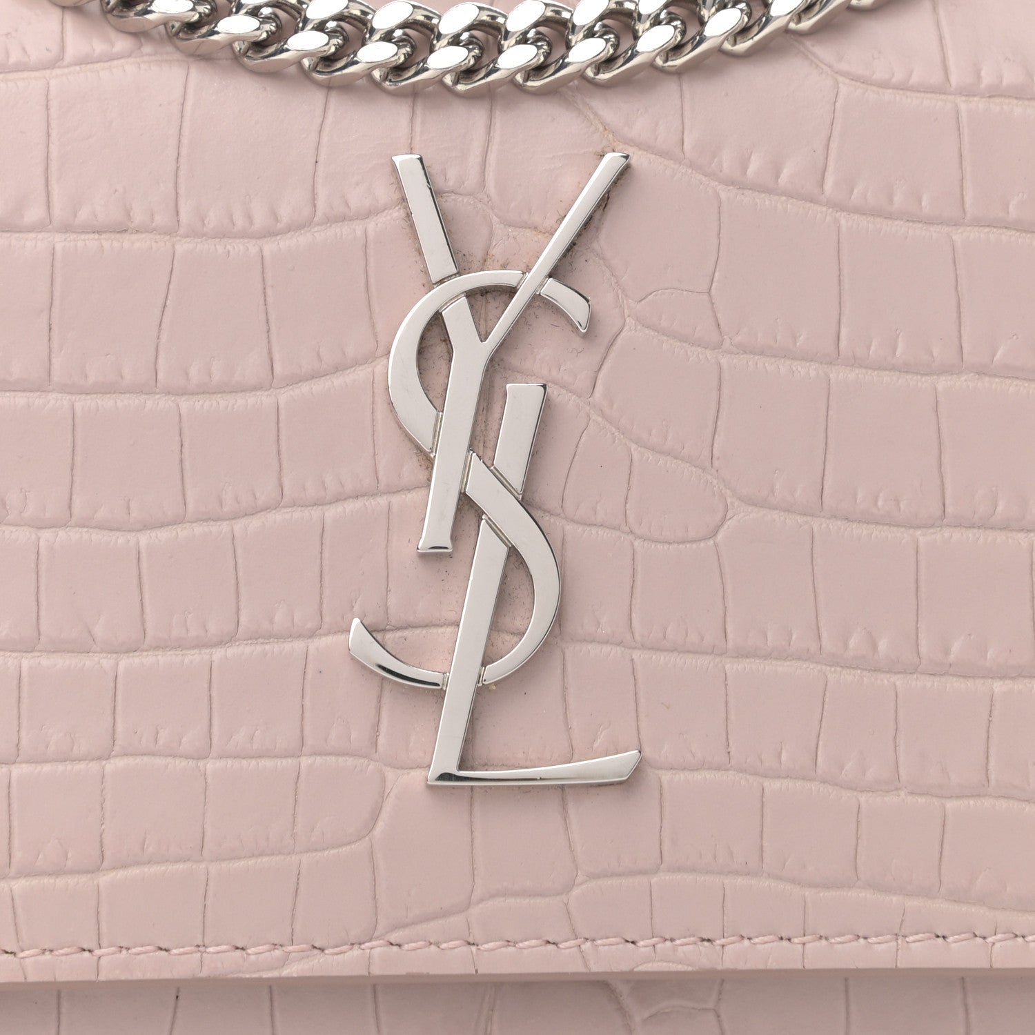 Saint Laurent Calfskin Crocodile Embossed Monogram Sunset Chain Wallet Marble Pink 7 of 10