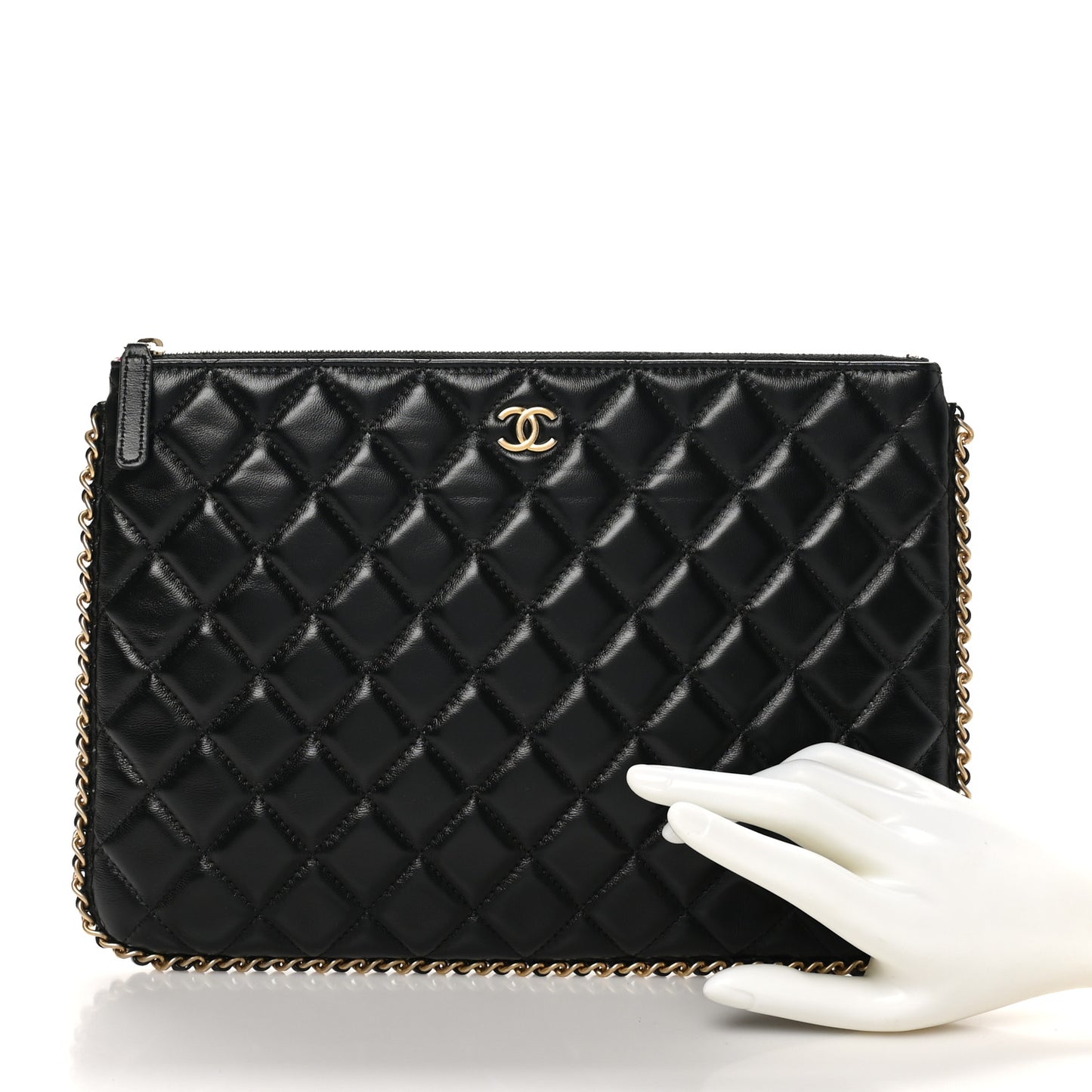 Lambskin Quilted Chain Around Medium Cosmetic Case Black