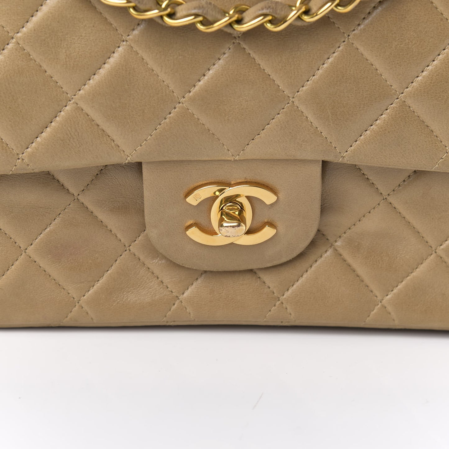 Lambskin Quilted Medium Double Flap Beige