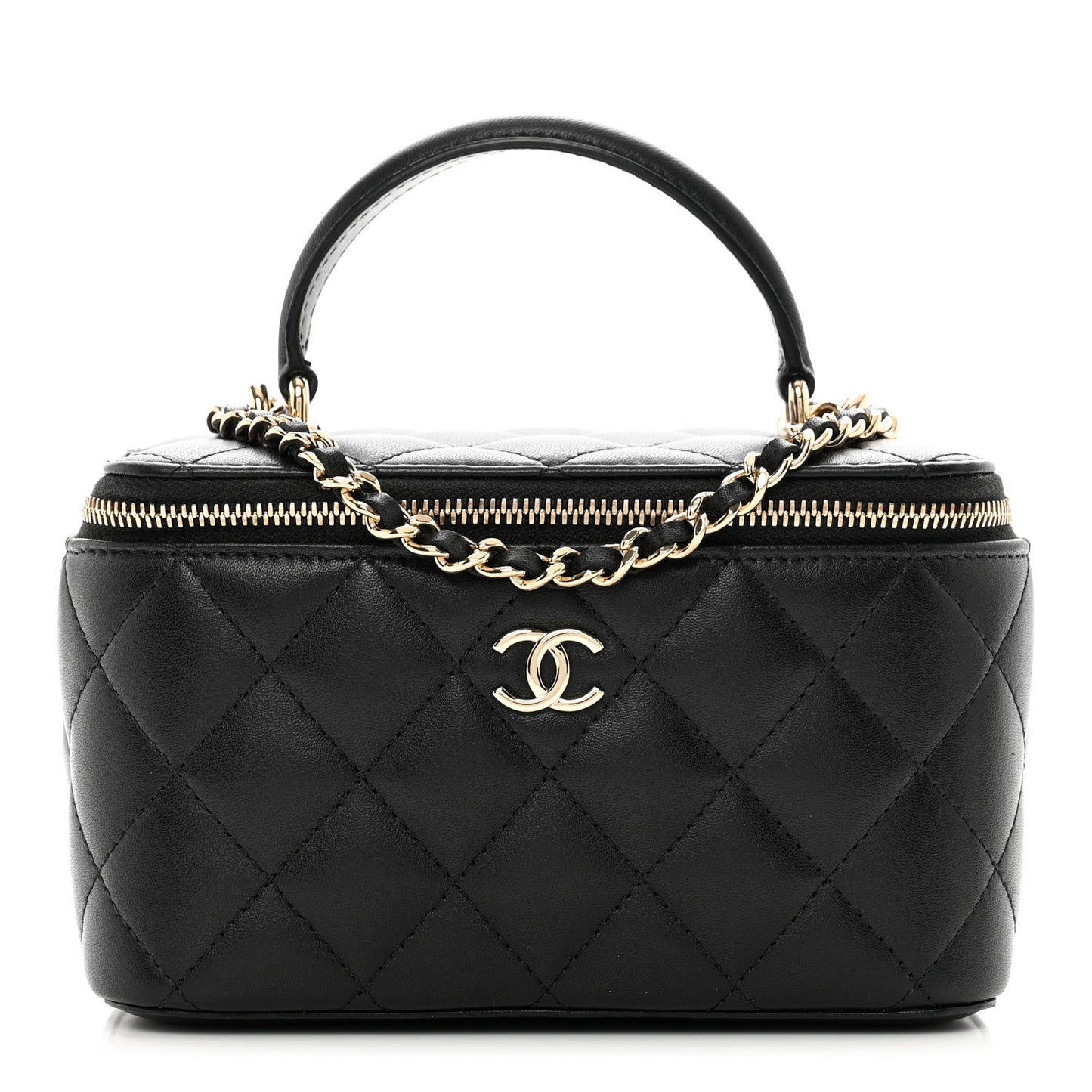 Lambskin Quilted Small Top Handle Vanity Case With Chain Black