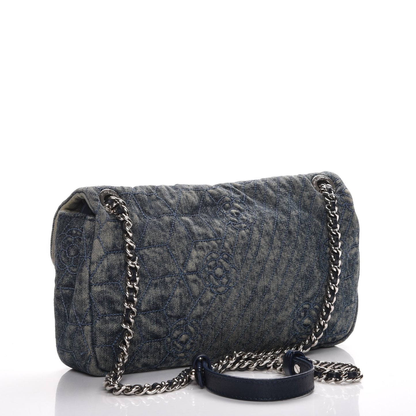 Denim Quilted Camellia Embroidered Medium Flap Blue