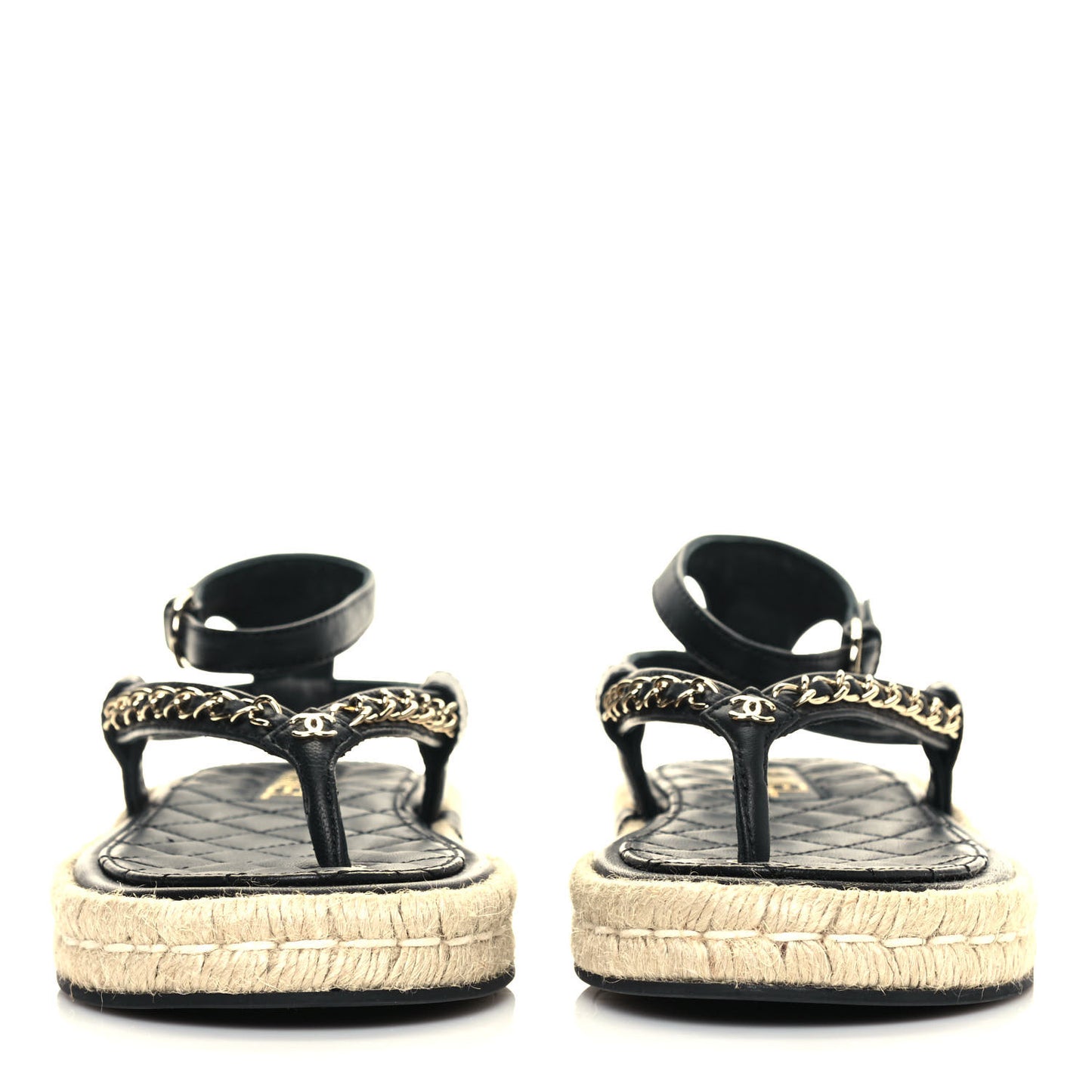 Lambskin Chain CC Thong Espadrille Sandals 37 Black