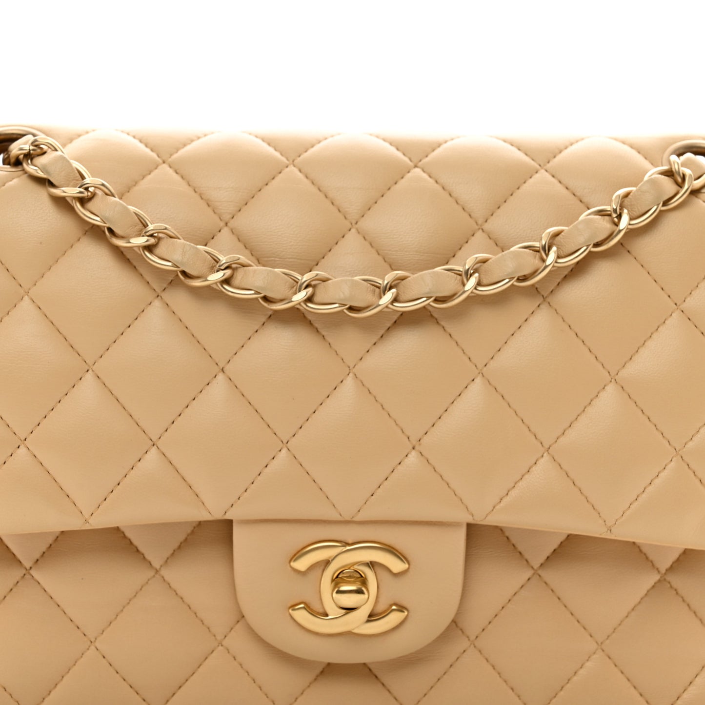 Lambskin Quilted Medium Double Flap Beige