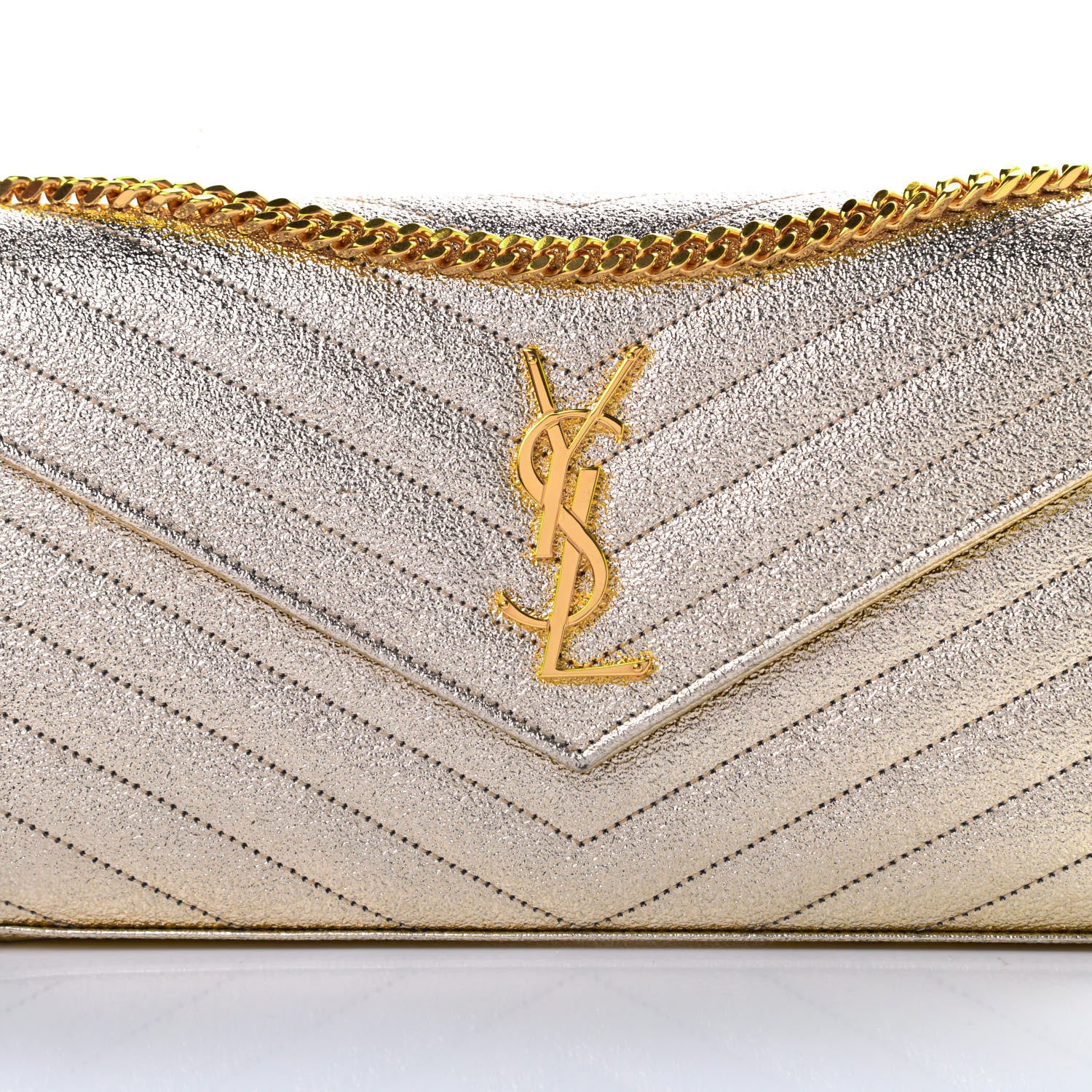 Saint Laurent Metallic Grain De Poudre Matelasse Chevron Monogram Chain Wallet Gold 9 of 12