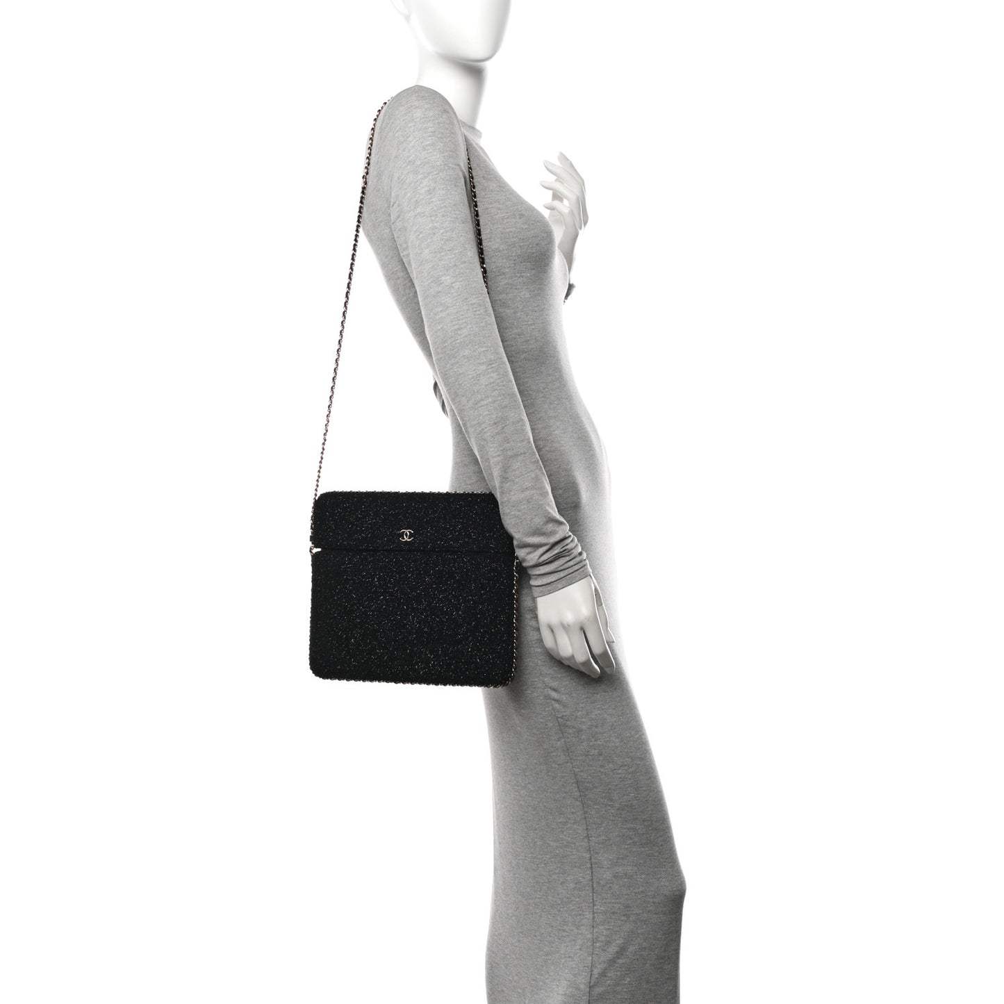 Tweed Chain Around Tablet Holder Crossbody Black