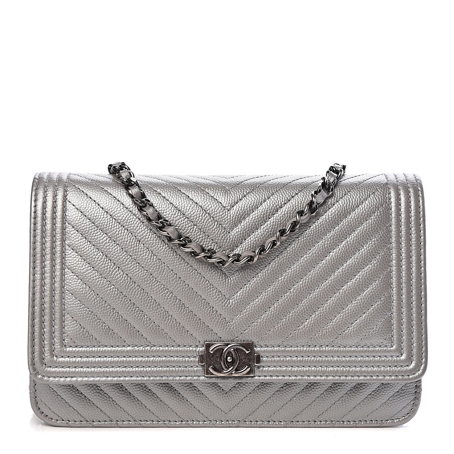 Metallic Caviar Chevron Quilted Boy Wallet On Chain WOC Silver