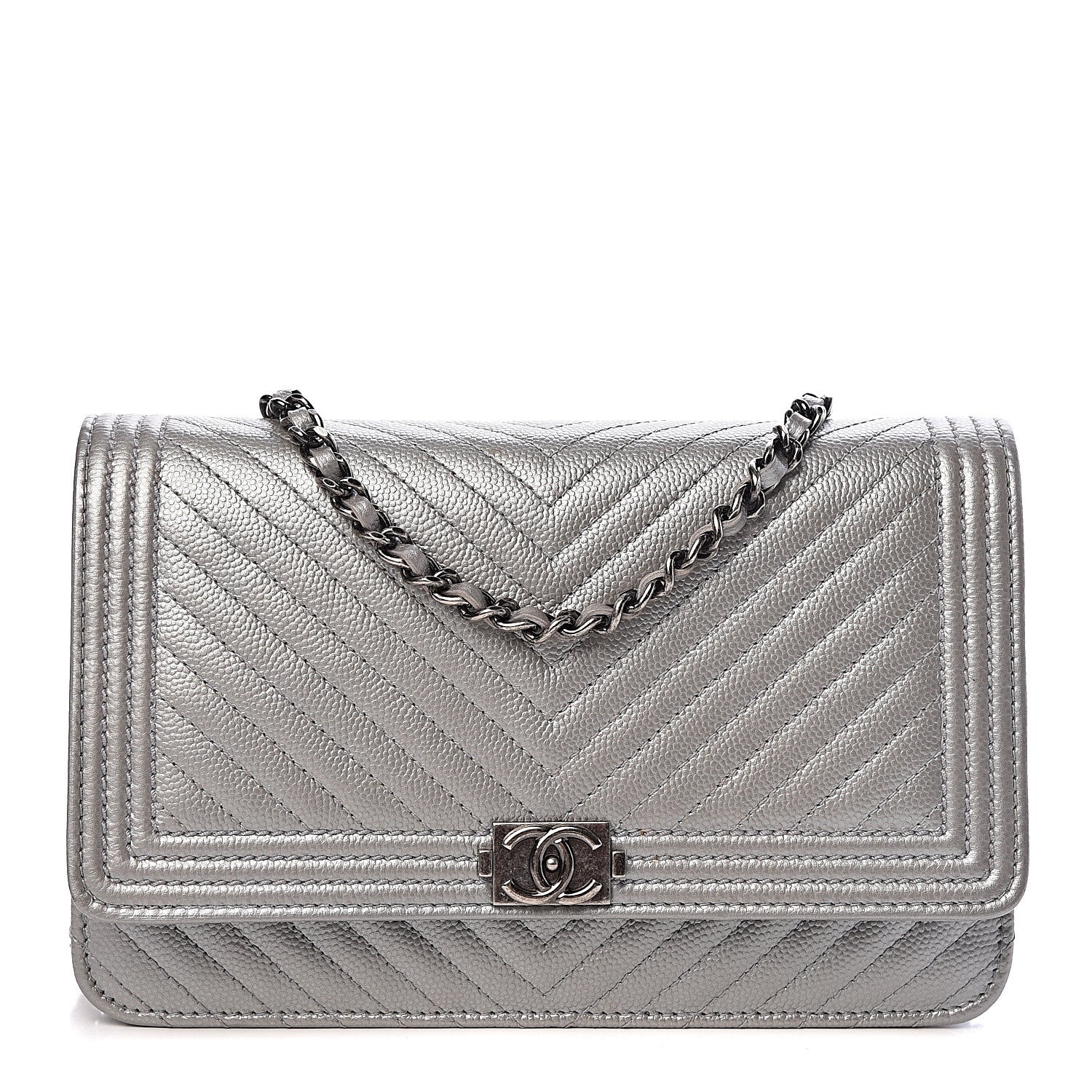Chanel Metallic Caviar Chevron Quilted Boy Wallet On Chain WOC Silver 1 of 10
