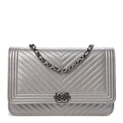 Chanel Metallic Caviar Chevron Quilted Boy Wallet On Chain WOC Silver 1 of 10