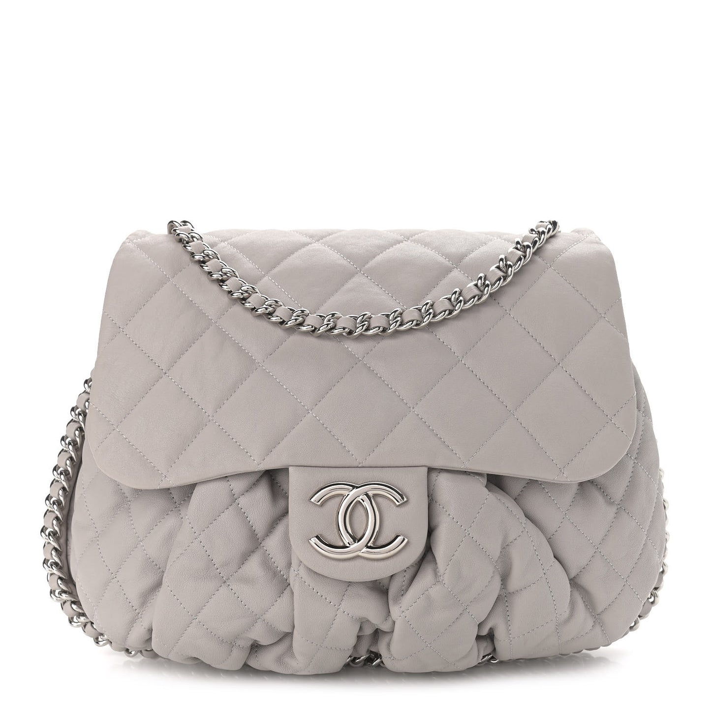 Washed Lambskin Quilted Large Chain Around Flap Grey