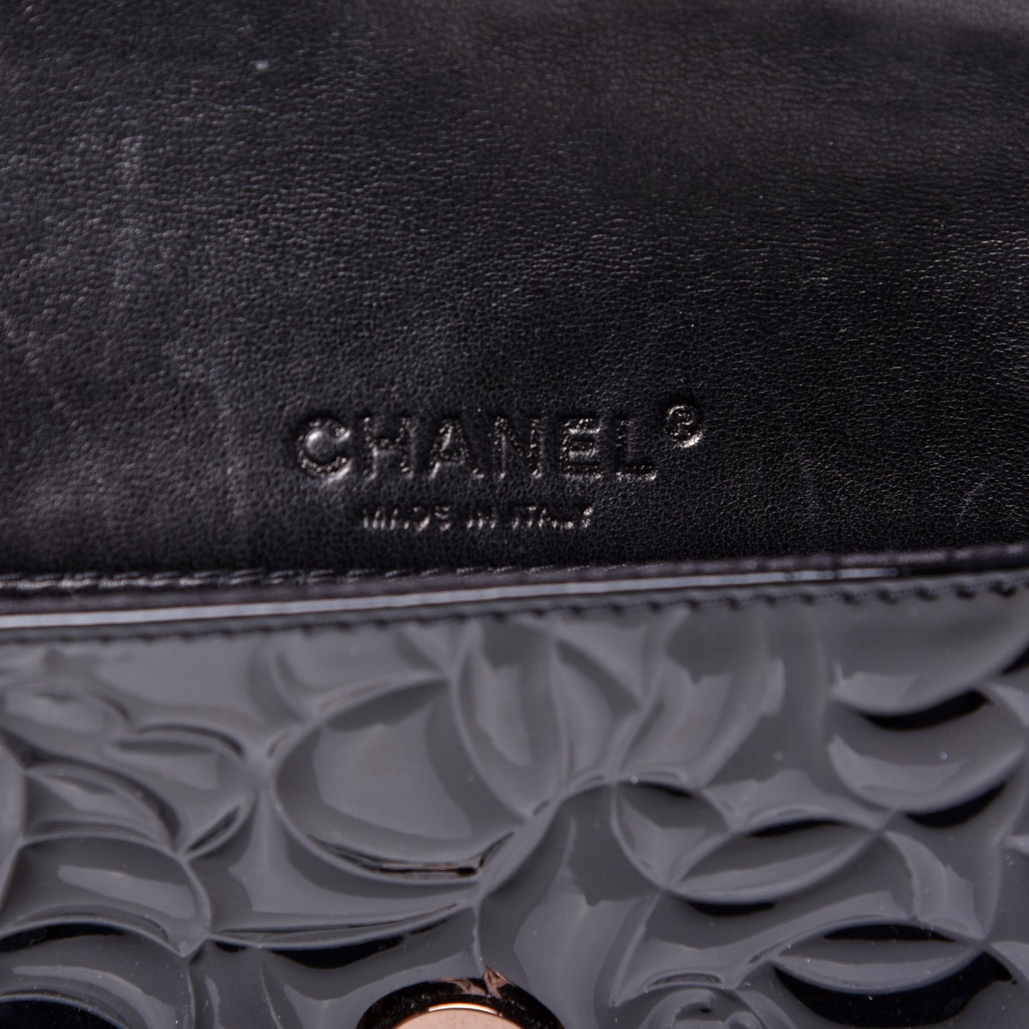 Patent Camellia Embossed Mini Flap Black
