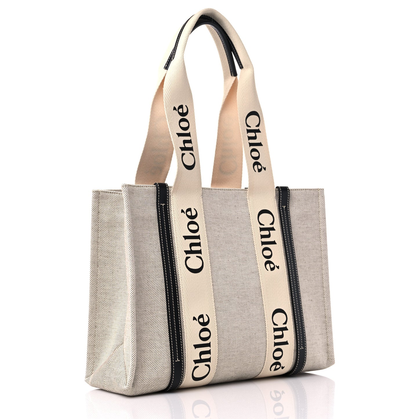 Cotton Calfskin Medium Woody Ribbon Tote White Black