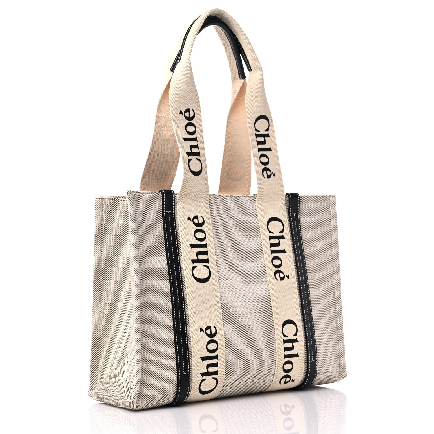 Chloe Cotton Calfskin Medium Woody Ribbon Tote White Black 3 of 9