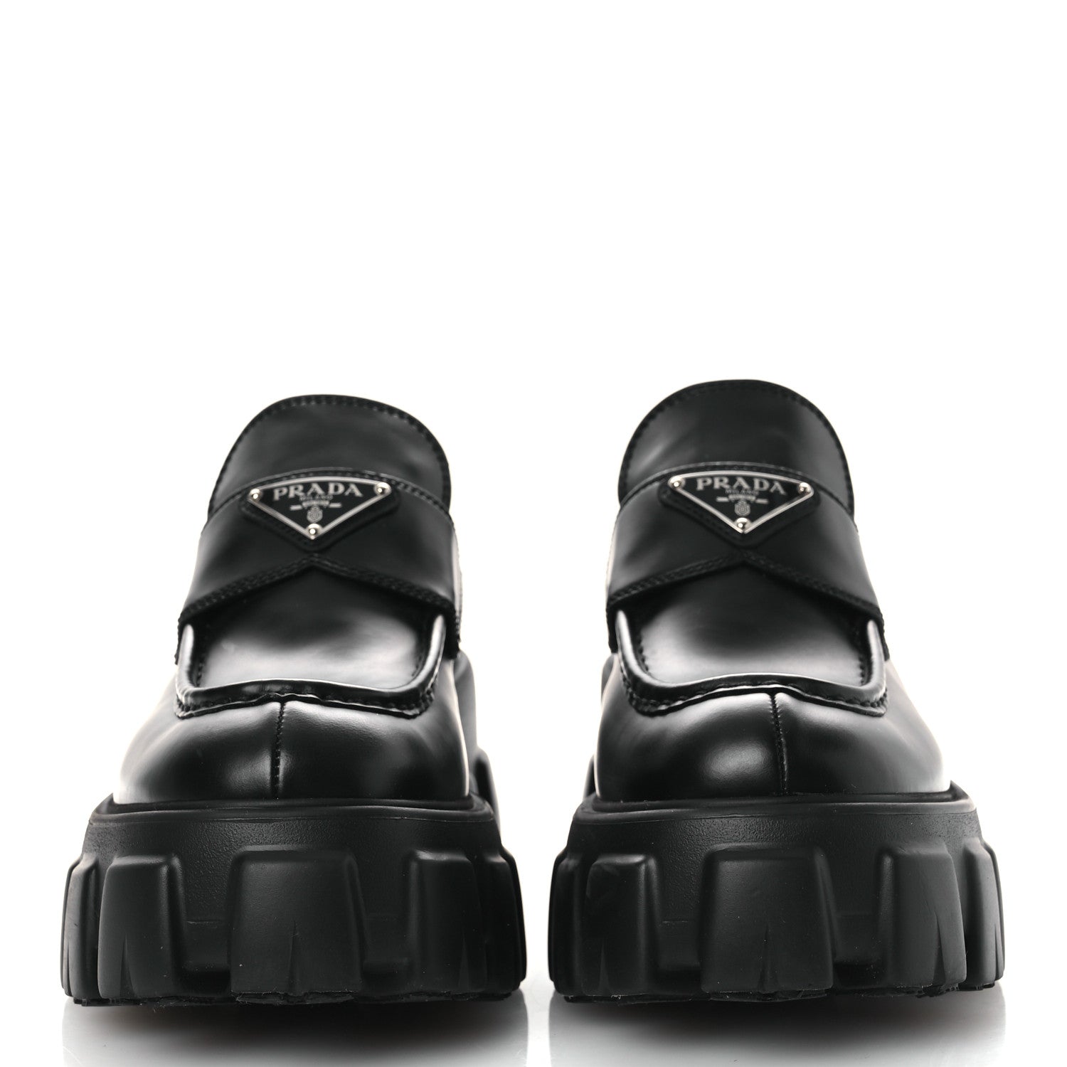 Prada Spazzolato Rois Metal Triangle Logo Monolith 55mm Loafers 39 Black 3 of 11