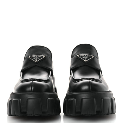 Prada Spazzolato Rois Metal Triangle Logo Monolith 55mm Loafers 39 Black 3 of 11