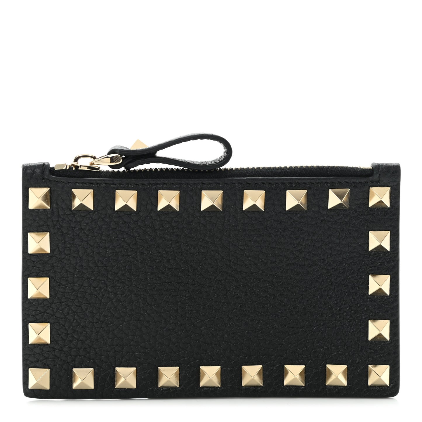 Pebbled Calfskin Rockstud Coin Case Card Holder Black
