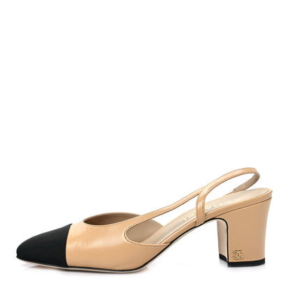 Chanel Goatskin Grosgrain Cap Toe CC Slingback Pumps 40 Beige Black 1 of 9