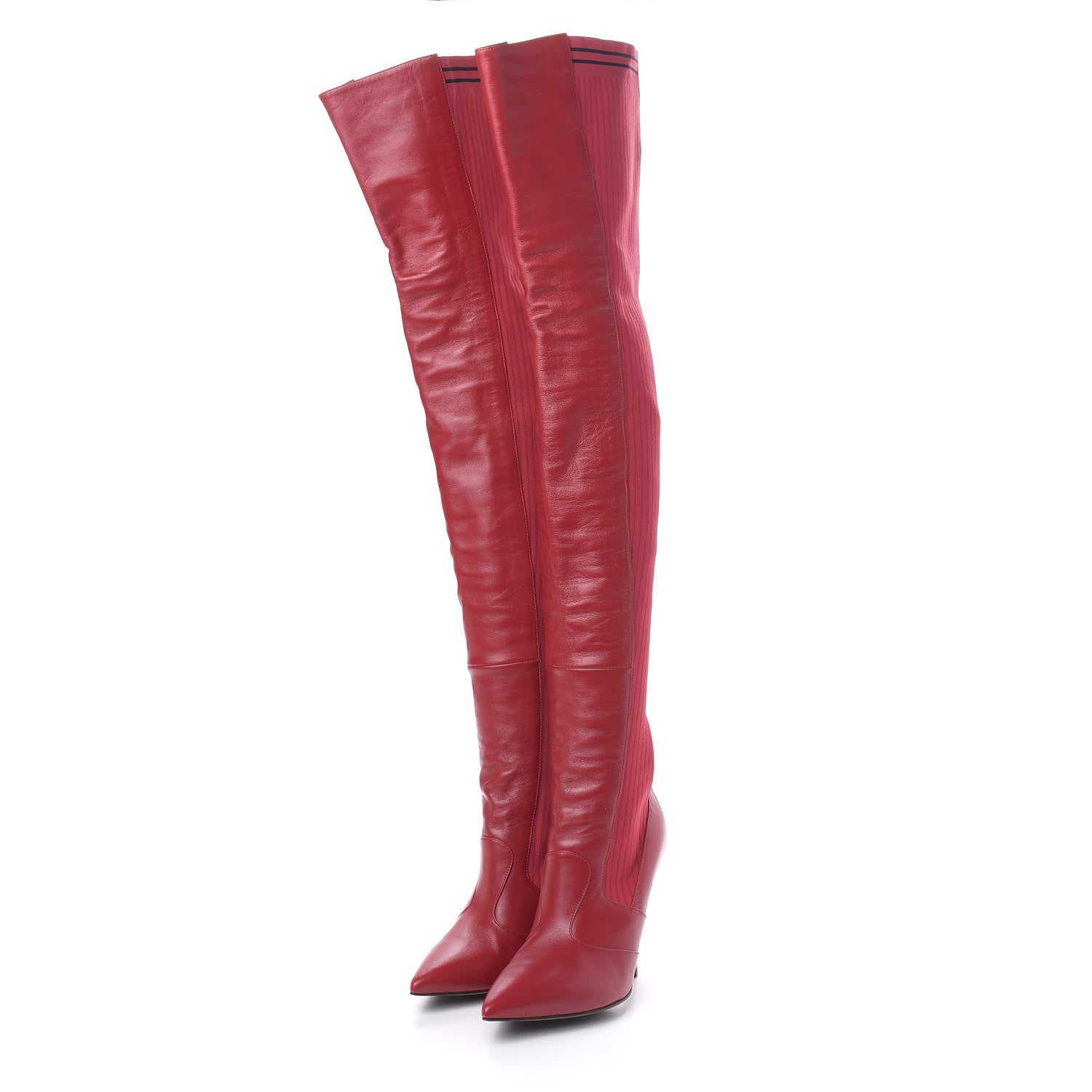Fendi Vitello Lucido Stretch Fabric Striped Rockoko Thigh High 105mm Sock Boots 40 Fragola Black 3 of 6