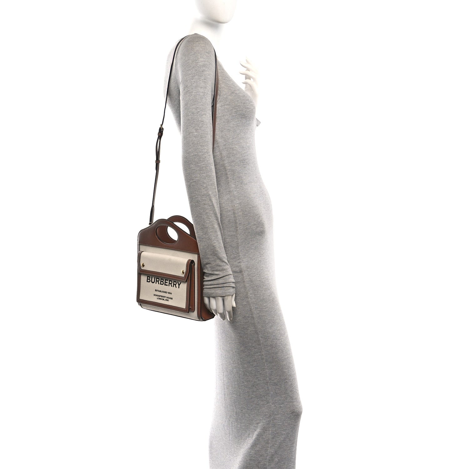 Burberry Canvas Smooth Calfskin Two Tone Mini Pocket Bag Natural Malt Brown 2 of 10
