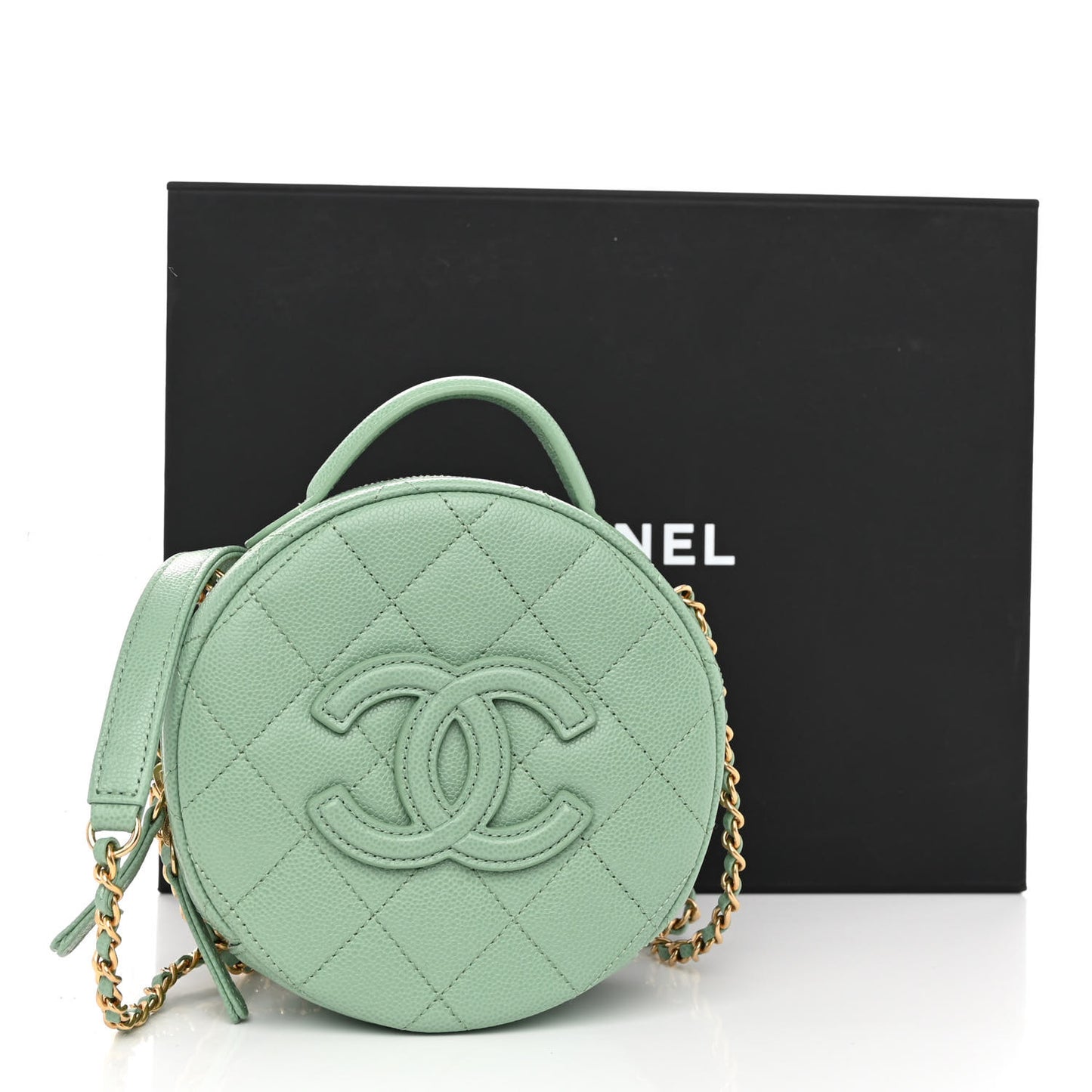 Caviar Quilted Small Round Vanity With Chain Light Green