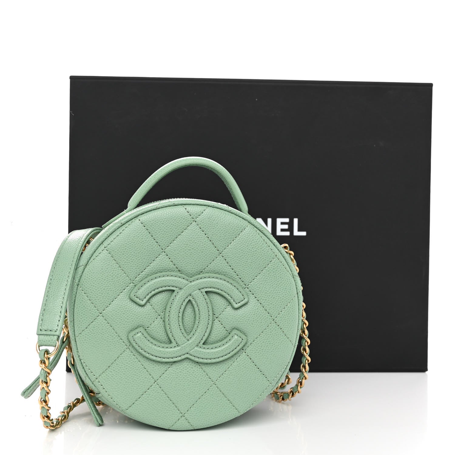 Chanel Caviar Quilted Small Round Vanity With Chain Light Green 11 of 11