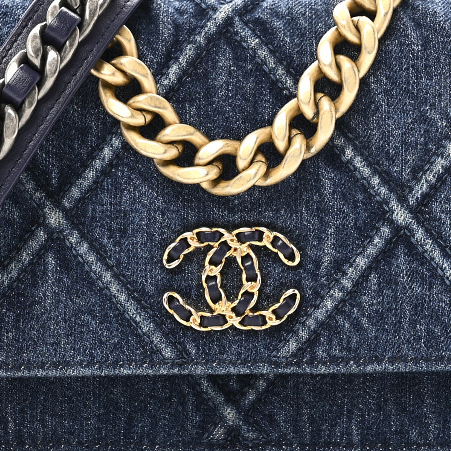 Denim Quilted Chanel 19 Wallet On Chain WOC Blue