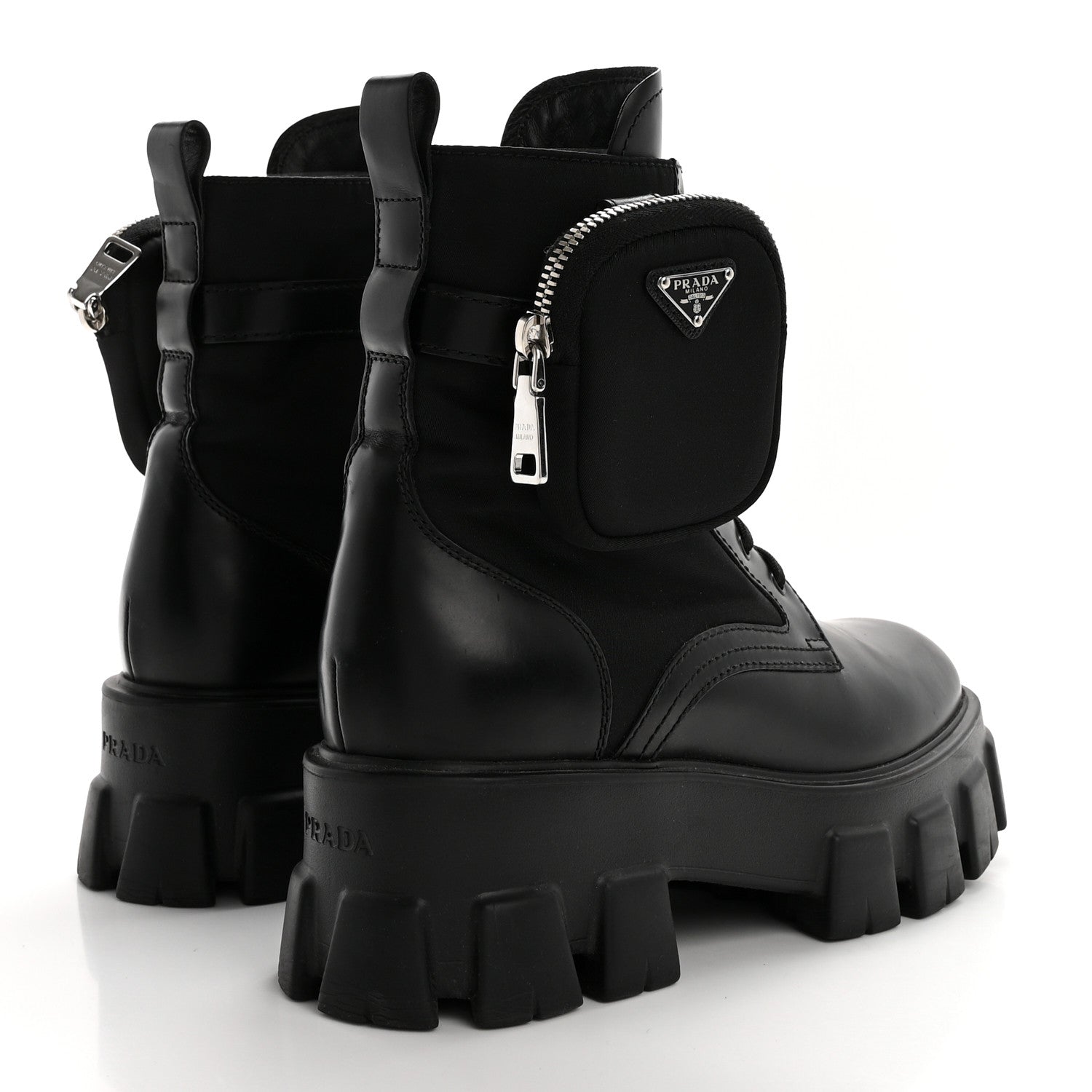 Prada Spazzolato Rois Re-Nylon Metal Triangle Logo Monolith Pouch Pocket 55mm Boots 38.5 Black 4 of 11