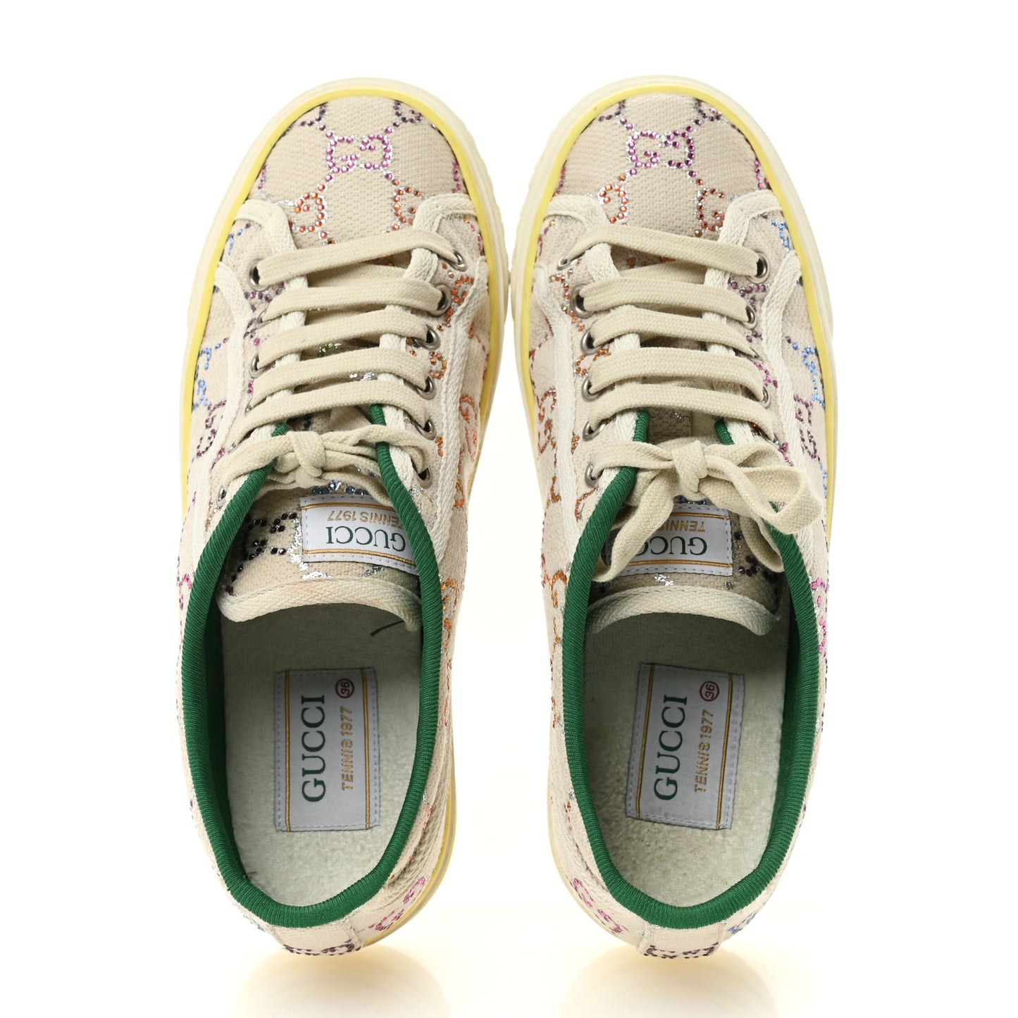 Canvas Lame Crystal GG Monogram Womens 1977 Tennis Sneakers 36 Gardenia Silver Mystic White