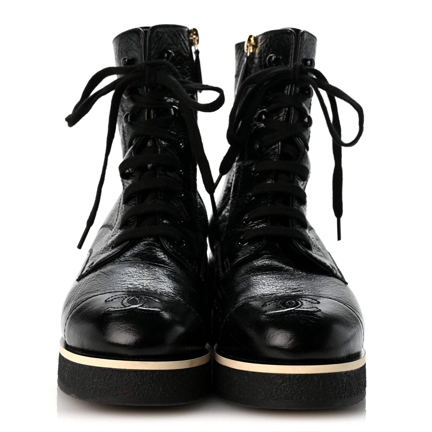 Shiny Crumpled Lambskin Lace Up Combat Boots 38 Black