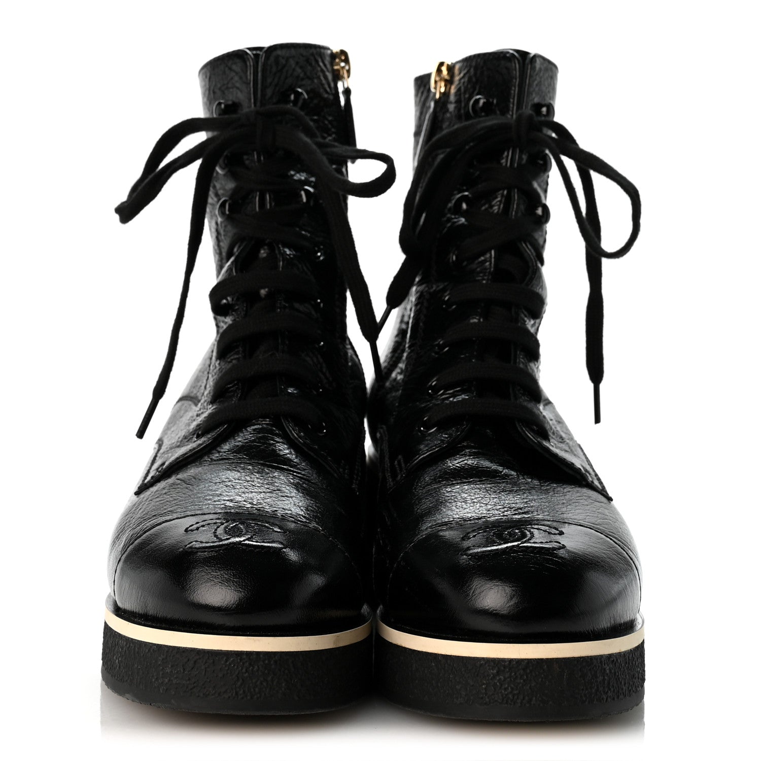 Chanel Shiny Crumpled Lambskin Lace Up Combat Boots 38 Black 3 of 10