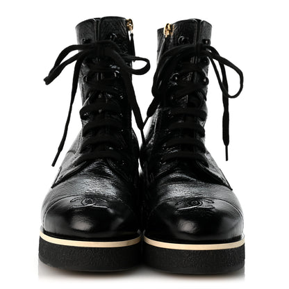 Chanel Shiny Crumpled Lambskin Lace Up Combat Boots 38 Black 3 of 10