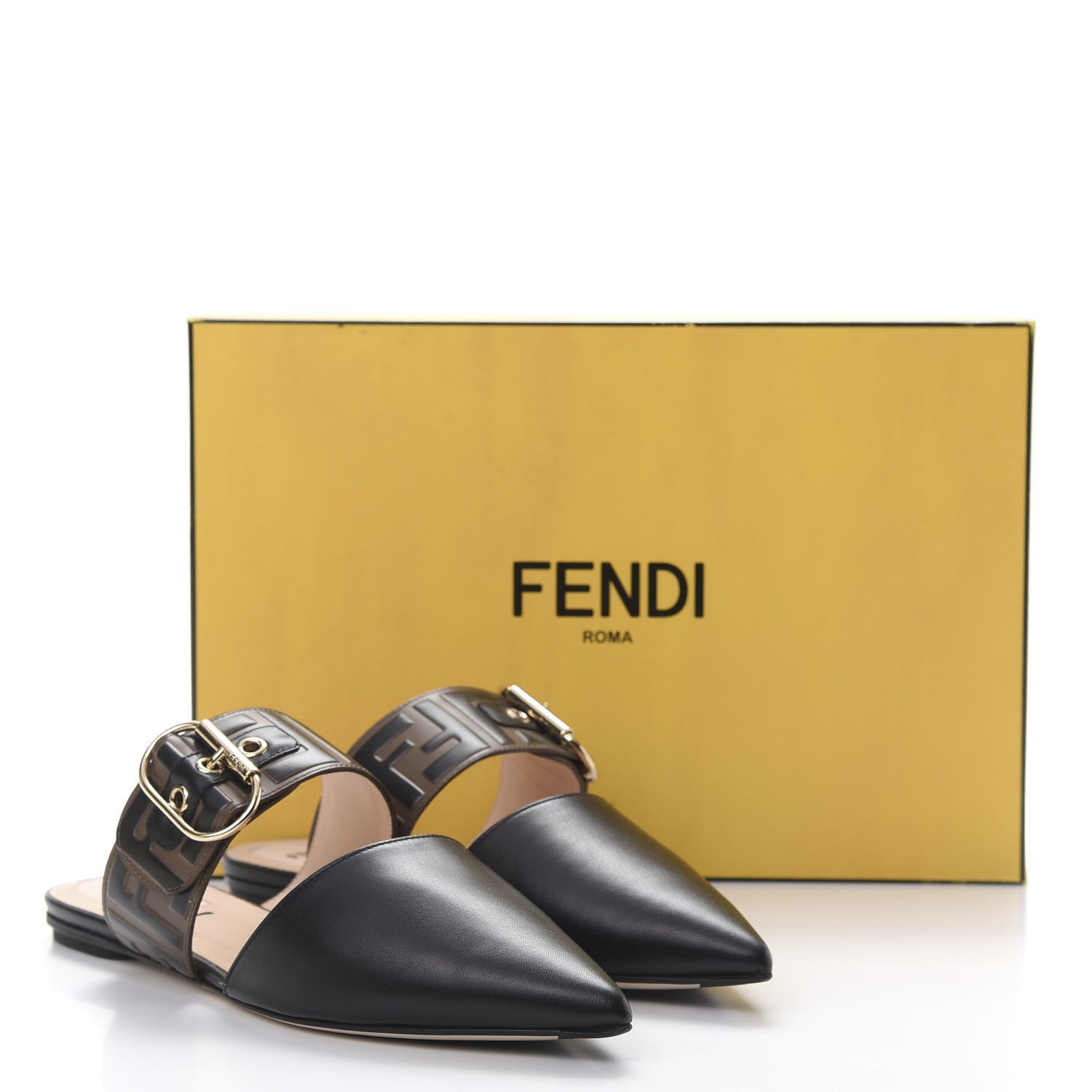 Fendi Vitello FF Embossed Buckle Flat Mules 36.5 Maya Black 9 of 9