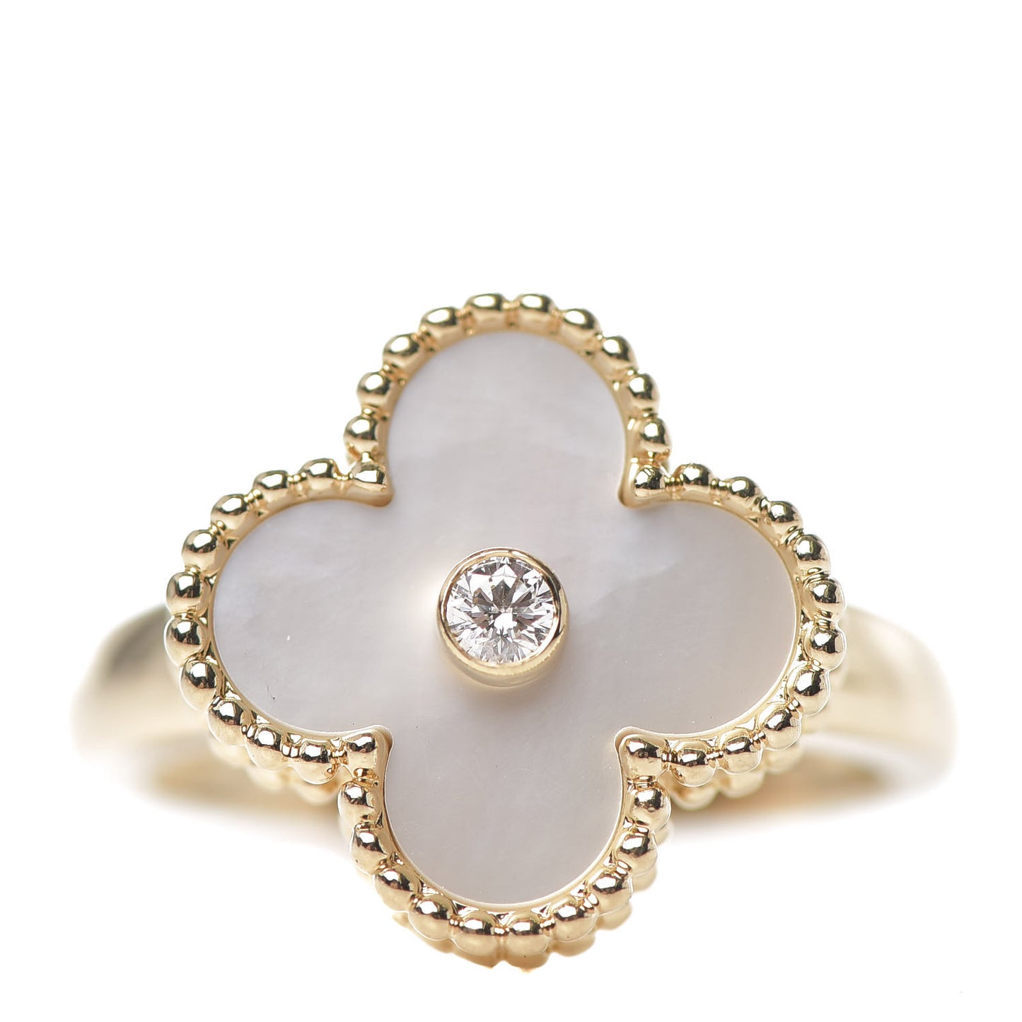 18K Yellow Gold Diamond Mother of Pearl Vintage Alhambra Ring 53 6.25